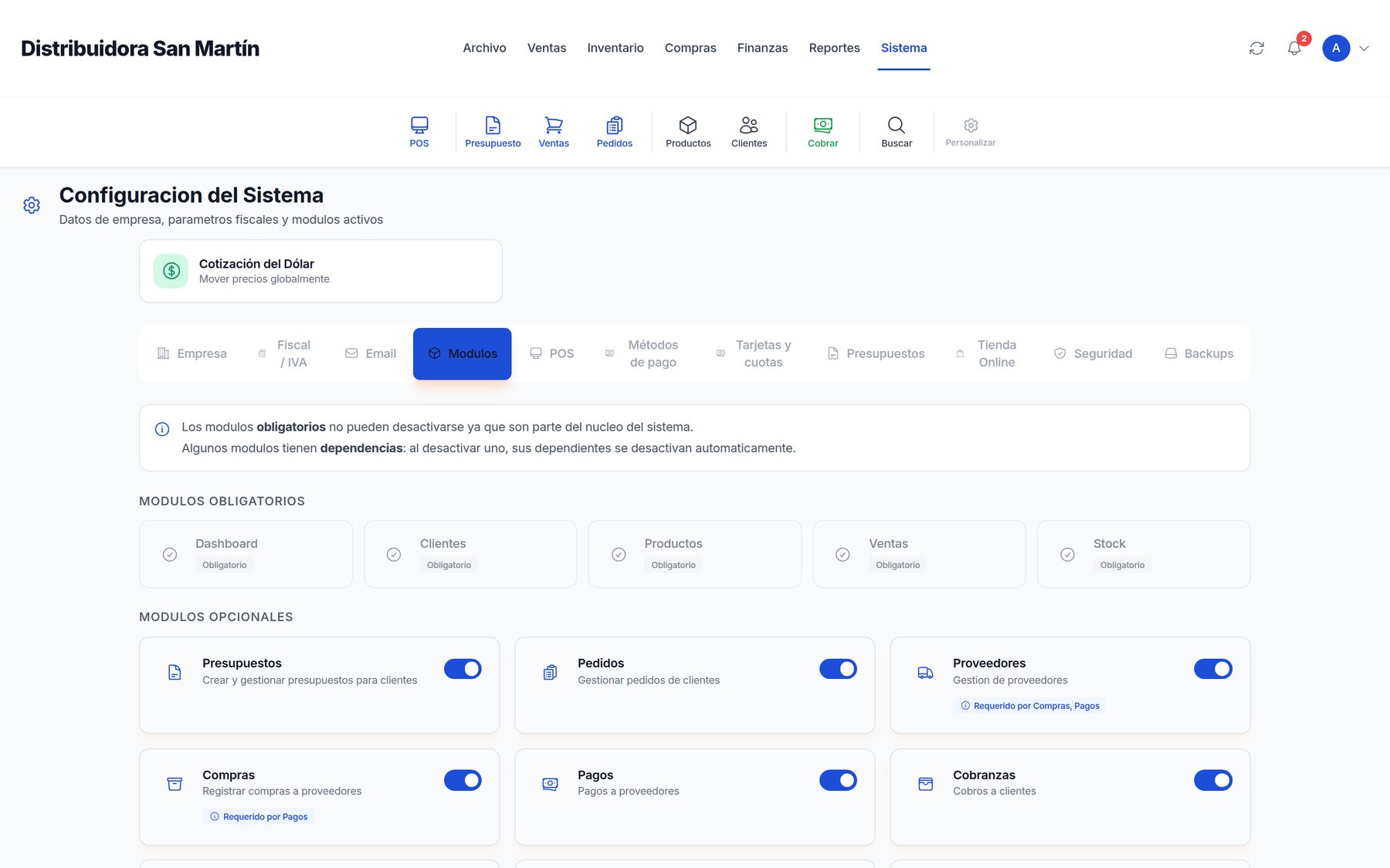 Pantalla de configuración con los módulos opcionales y sus interruptores